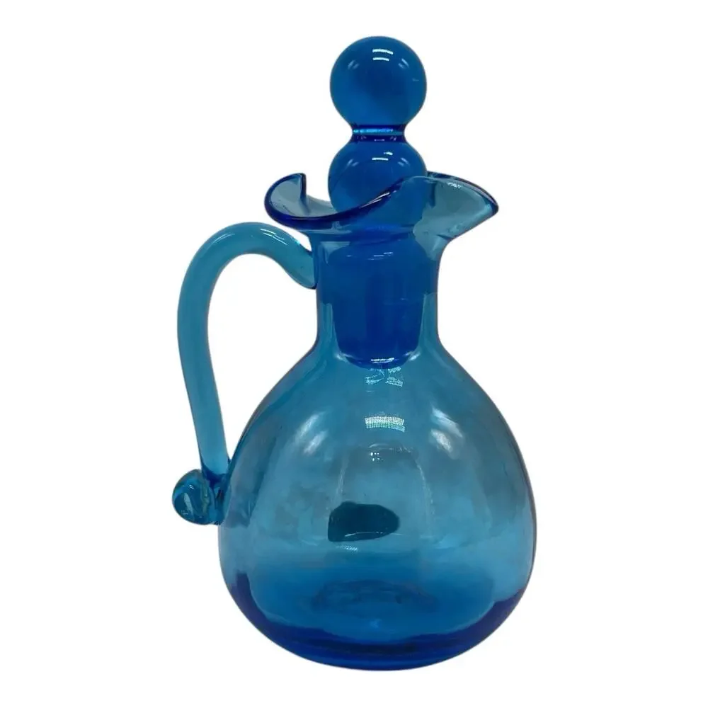VTG RAINBOW Art Glass Bright Blue Pitcher Vase Decanter Oil Cruet Stopper 5in‎
